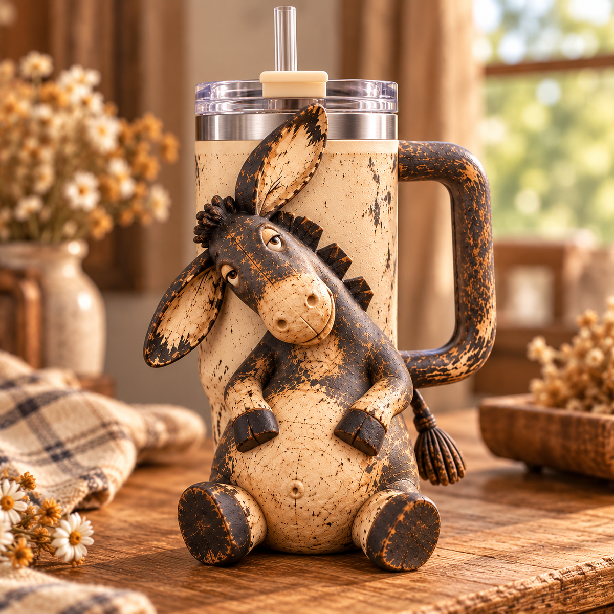3D Rustic Donkey Tumbler – Funny Farmhouse Cup with Straw