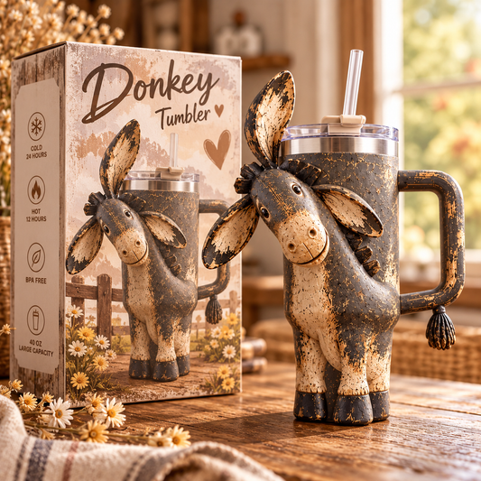 3D Rustic Donkey Tumbler โ Funny Farmhouse Cup with Straw