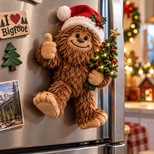Christmas Bigfoot Plush Fridge Magnet โ Cute Holiday Kitchen Decor & Gift
