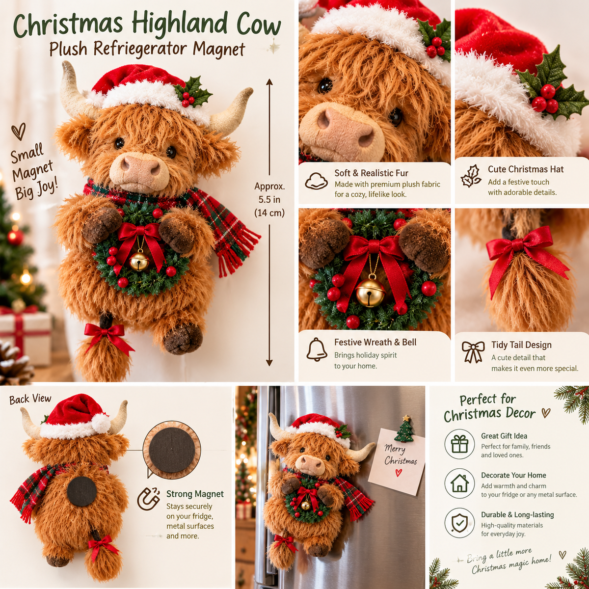 Christmas Highland Cow Plush Fridge Magnet – Cute Holiday Kitchen Decor