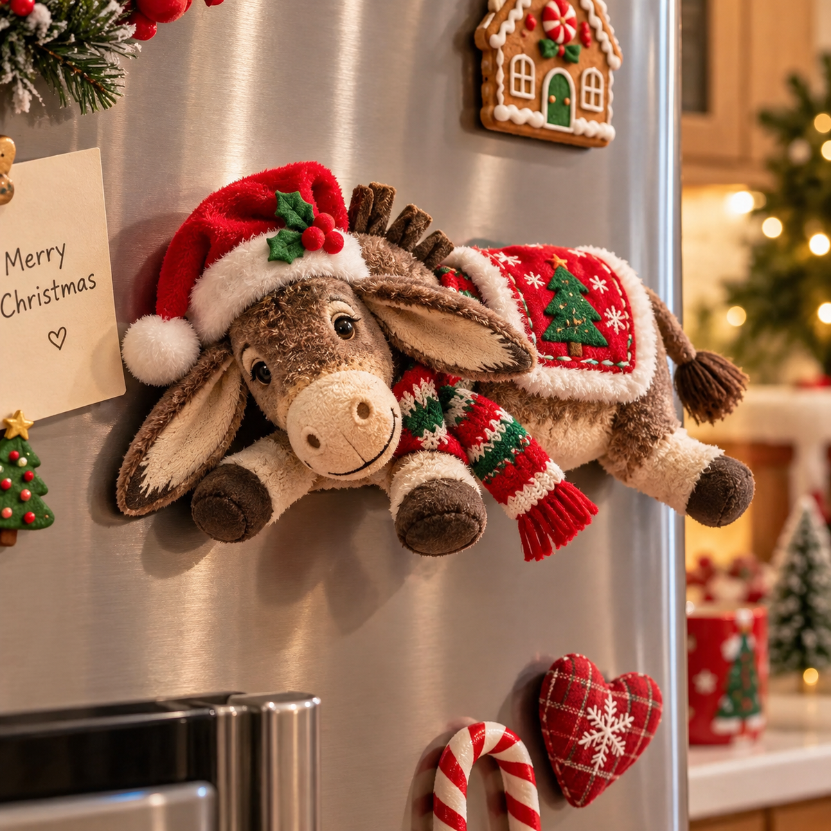 Christmas Donkey Plush Fridge Magnet – Cute Holiday Kitchen Decor 🎄