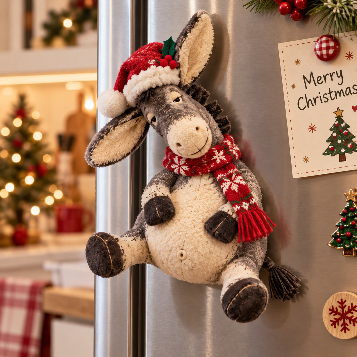 Christmas Donkey Plush Fridge Magnet – Cute Holiday Kitchen Decor 🎄