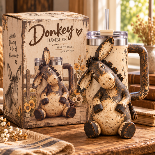 3D Rustic Donkey Tumbler – Funny Farmhouse Cup with Straw