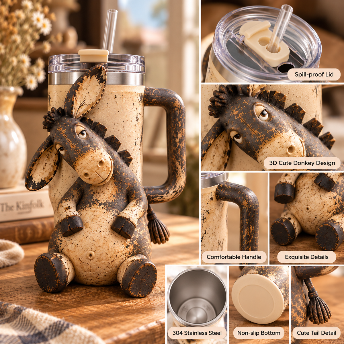 3D Rustic Donkey Tumbler – Funny Farmhouse Cup with Straw