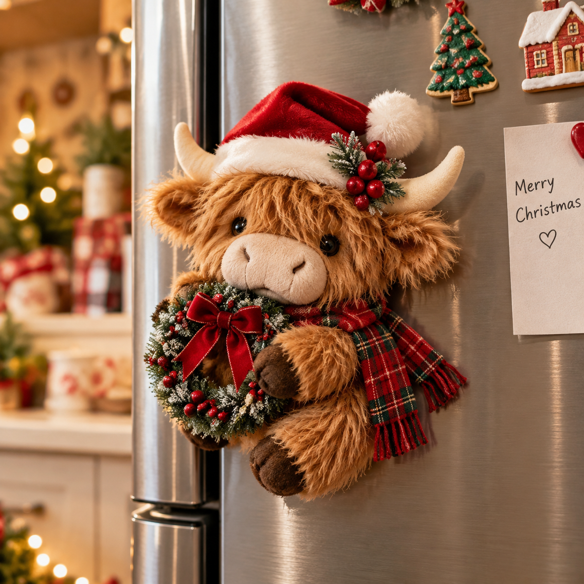 Christmas Highland Cow Plush Fridge Magnet – Cute Holiday Kitchen Decor