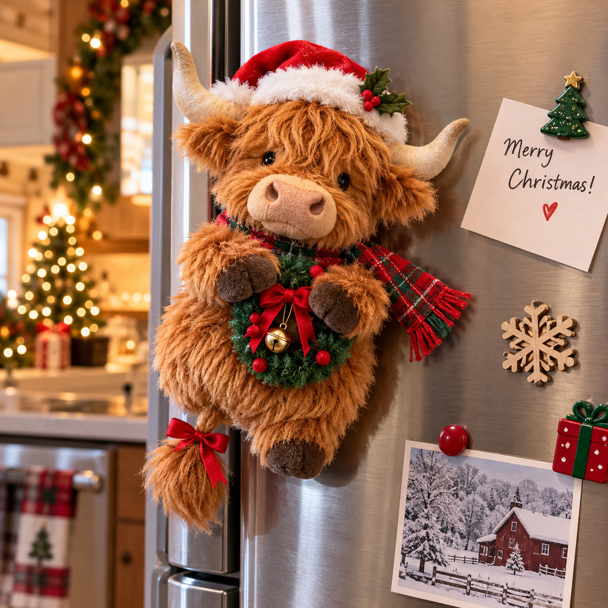 Christmas Highland Cow Plush Fridge Magnet – Cute Holiday Kitchen Decor