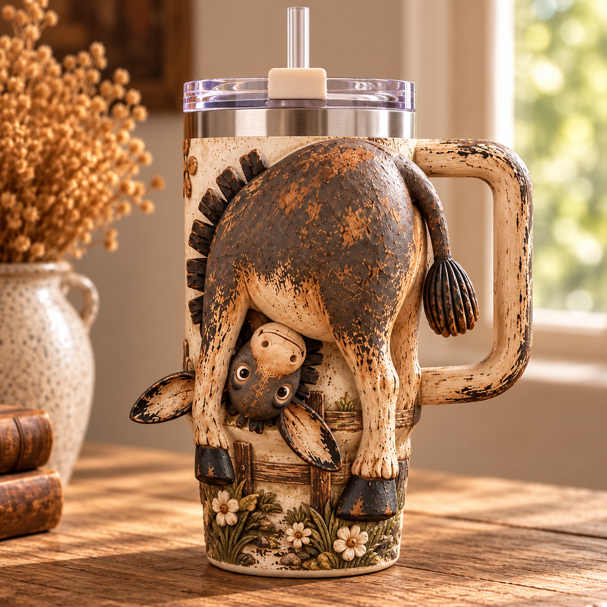 3D Rustic Donkey Tumbler – Funny Farmhouse Cup with Straw