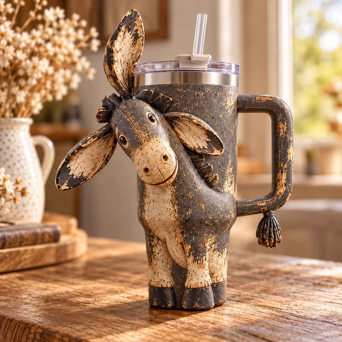3D Rustic Donkey Tumbler – Funny Farmhouse Cup with Straw