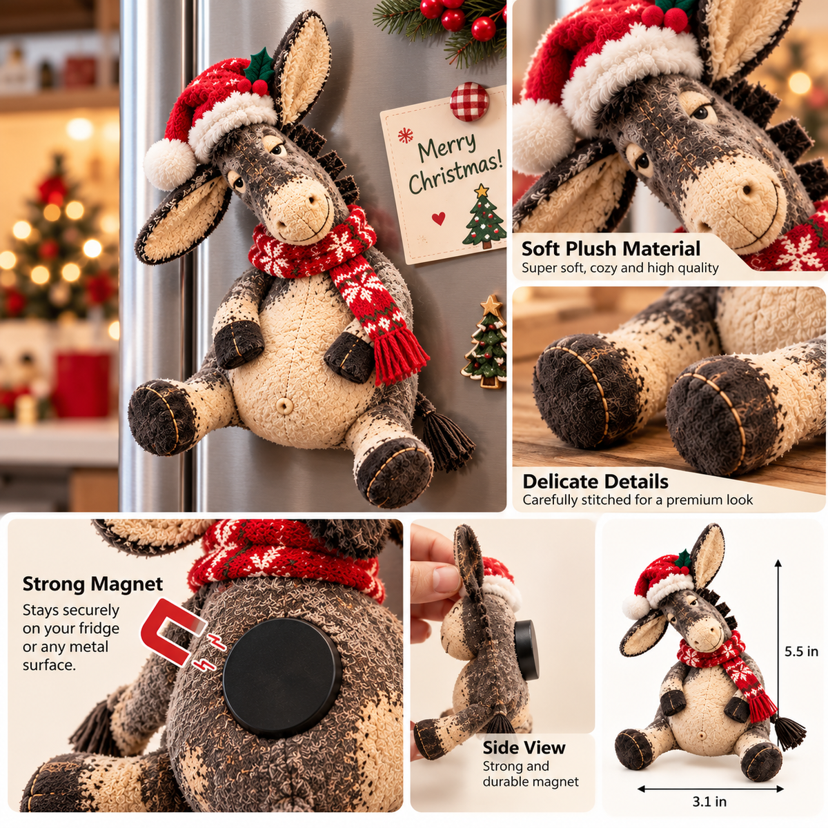 Christmas Donkey Plush Fridge Magnet – Cute Holiday Kitchen Decor 🎄