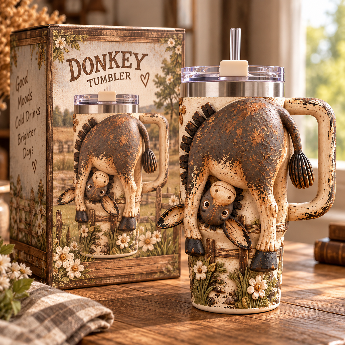 3D Rustic Donkey Tumbler – Funny Farmhouse Cup with Straw